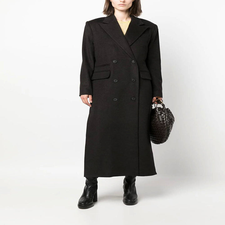 Women's Maxi Long Double-Breasted Wool Blend Coat with Structured Shoulders and Flap Pockets Mune Fashion