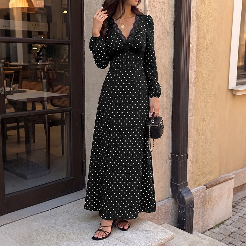 Women's Polka-Dot Maxi Dress with Lace V-Neck, Empire Waistline, and Long Flowing Skirt Mune Fashion