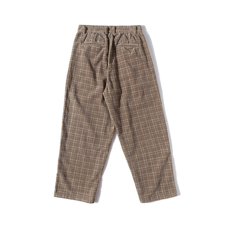 Men's Wide Cord Pants with Pleats, Cropped Cut and Check Pattern Mune Fashion