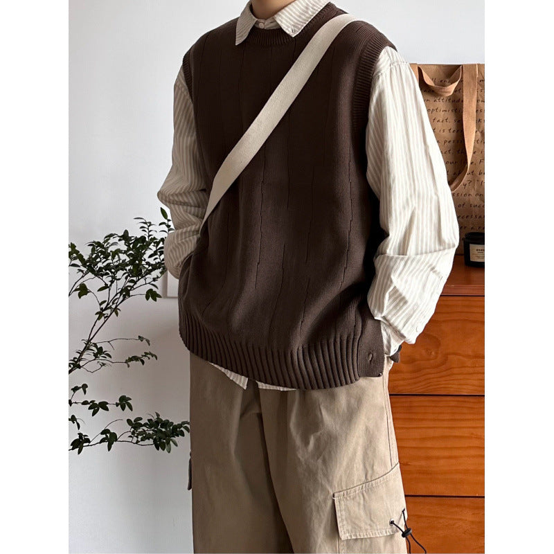 Men's Oversized Sleeveless Knit Vest with Ribbed Hem and Round Neckline Mune Fashion