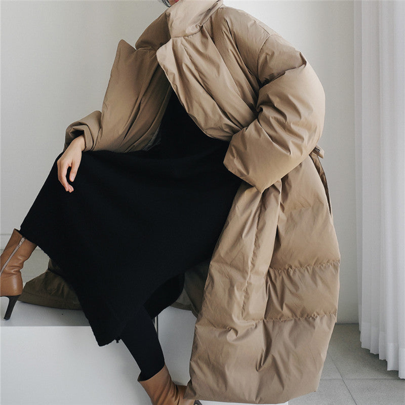 Women's Oversized Padded Maxi Coat with High Stand-Up Collar, Tie Belt and Windproof Filling Mune Fashion