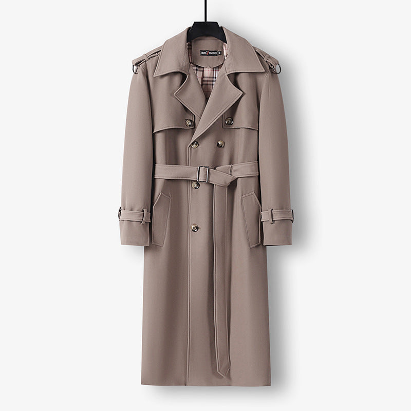 Women Elegant long cut wool blend trench coat with double-breasted button placket and belt Mune Fashion