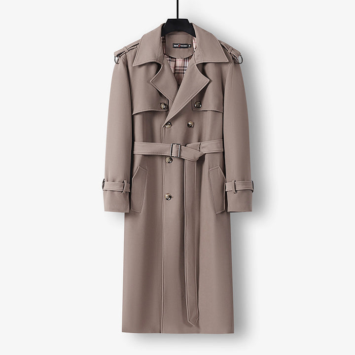 Women Elegant long cut wool blend trench coat with double-breasted button placket and belt Mune Fashion