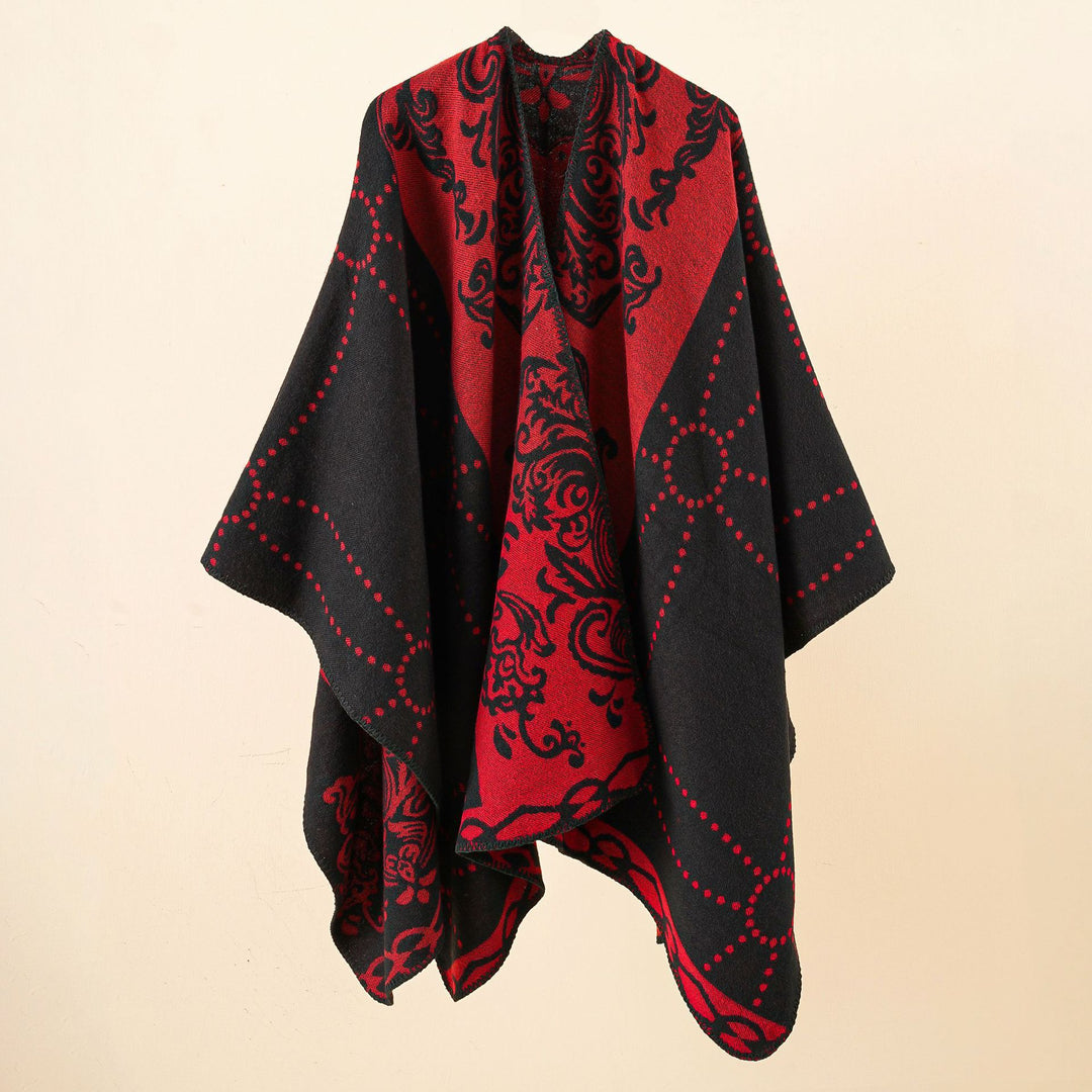 Women's Jacquard Ruana in cape style with contrasting chain hem Mune Fashion