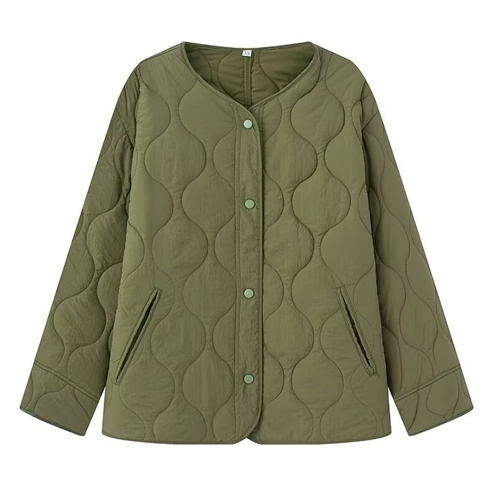 Women's Lightly Quilted Oversize Jacket with Round Neck, Snap Button Placket and Side Pockets Mune Fashion