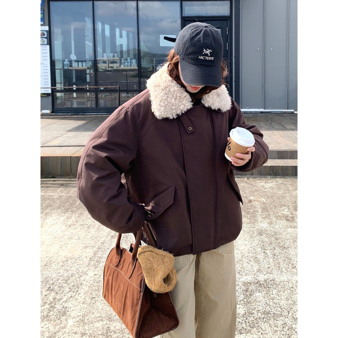 Women's Oversize Short Jacket with Teddy Collar and Flap Pockets Mune Fashion