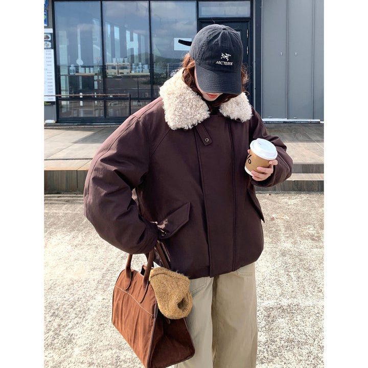 Women's Oversize Short Jacket with Teddy Collar and Flap Pockets Mune Fashion