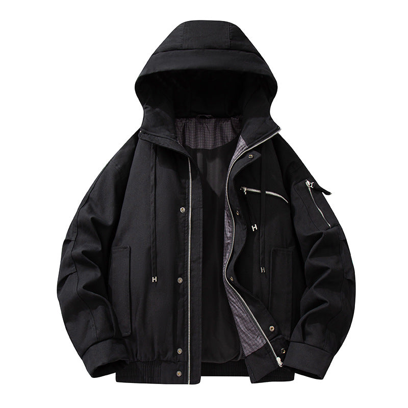 Men's Utility Hooded Jacket with Zipper, Multifunctional Pockets and Elastic Hem Drune