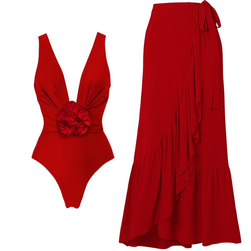 Ladies Elegant V-Neck Swimsuit with Decorative Floral Arrangement Mune Fashion