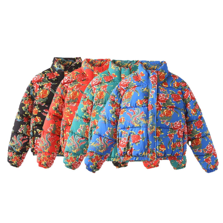 Women's Quilted Padded Short Jacket with Floral Allover Print and Stand-Up Collar Mune Fashion
