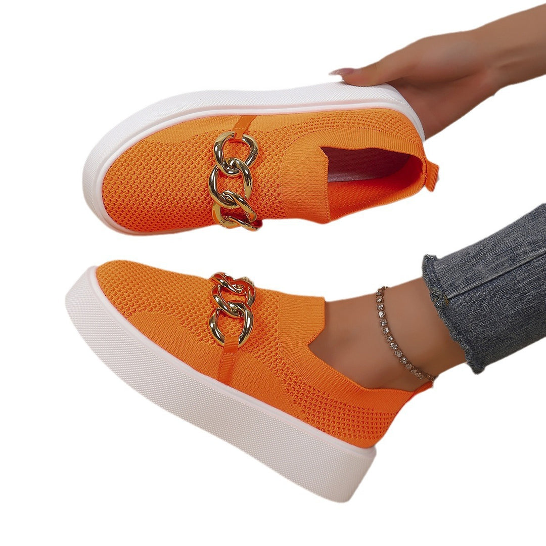Ladies' Knit Slip-On Sneakers with Platform Sole and Eye-Catching Metal Chain Decoration Mune Fashion