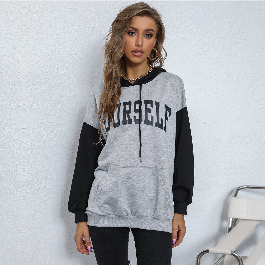 Women's Oversized Hoodie with College Print, Kangaroo Pocket and Contrast Sleeves Mune Fashion