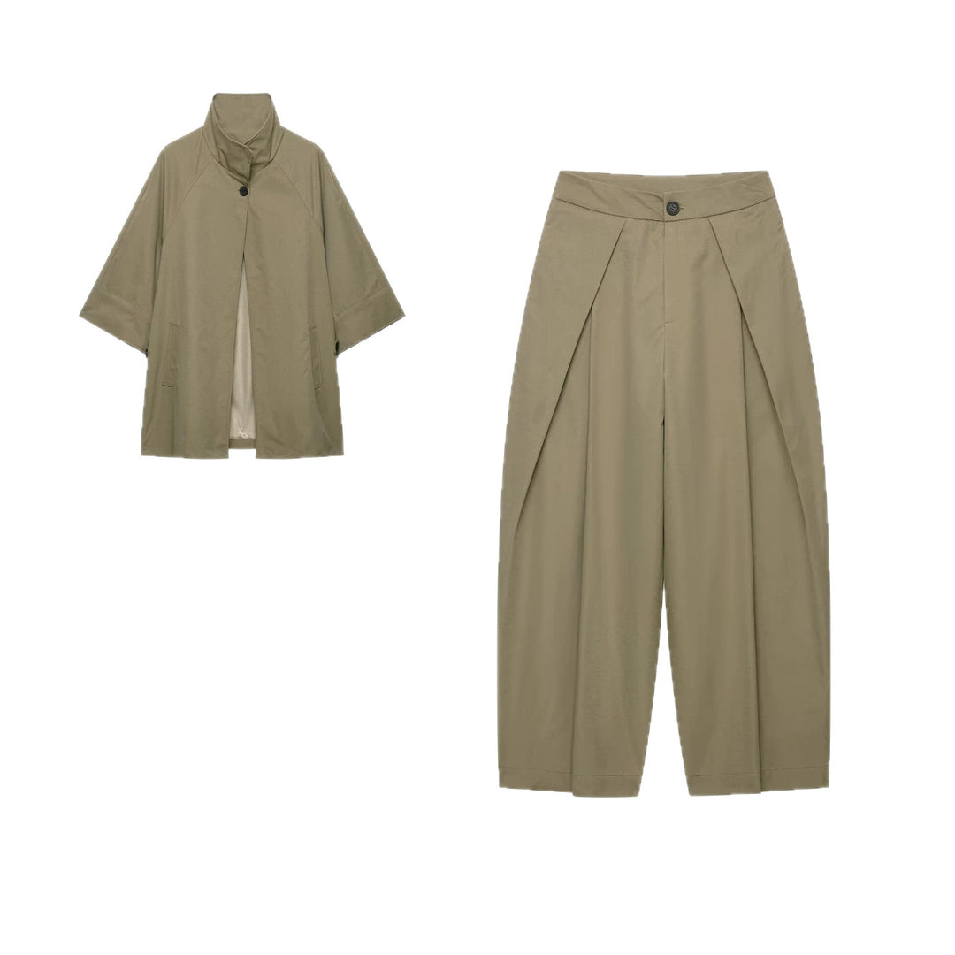 Women's Two-Piece Short Cape Jacket with Stand-Up Collar and High-Waisted Pleated Culottes Mune Fashion