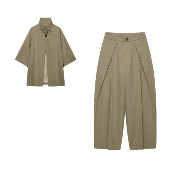 Women's Two-Piece Short Cape Jacket with Stand-Up Collar and High-Waisted Pleated Culottes Mune Fashion