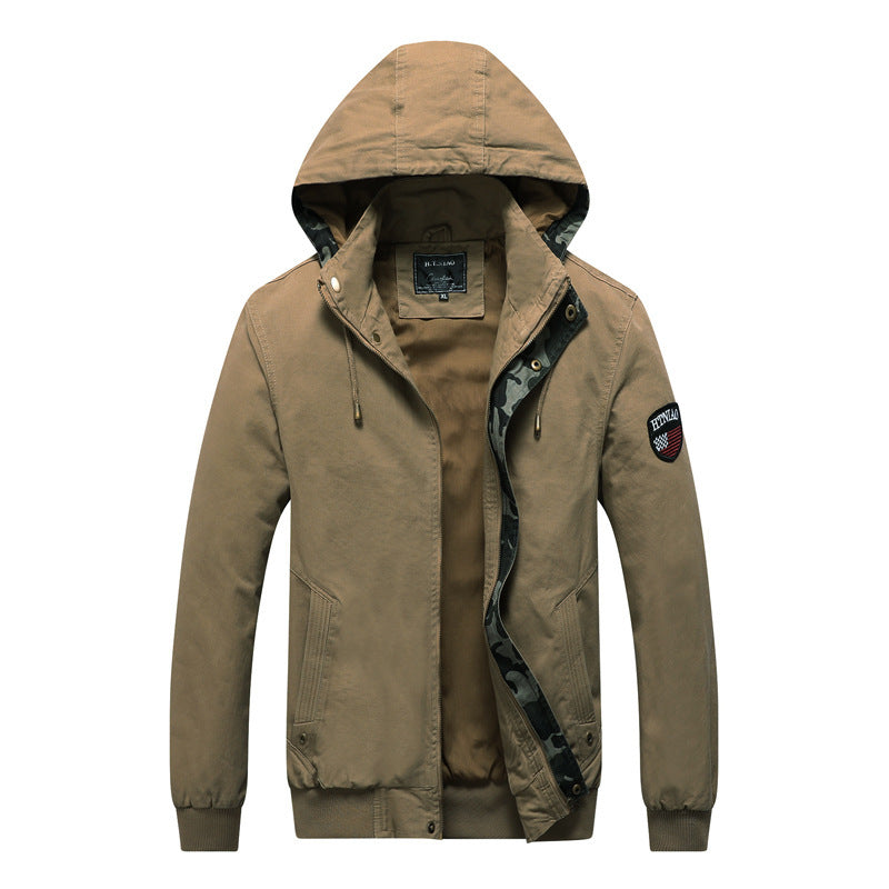 Men's Hooded Canvas Jacket in Military Utility Style with Camouflage Cuff and Ribbed Hem Mune Fashion