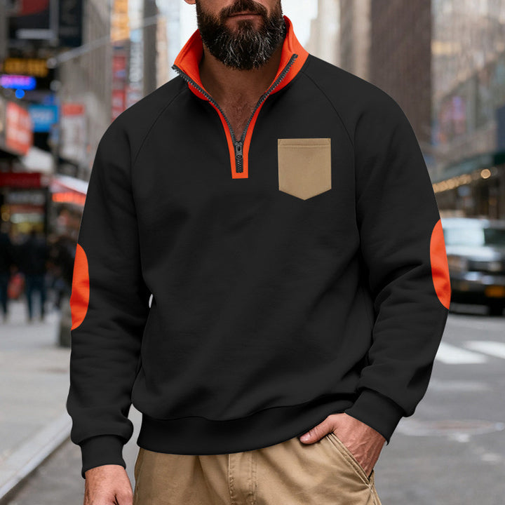 Men's Nan Quarterzip Sweatshirt with Stand-Up Collar, Contrasting Zipper, Elbow Patches, and Chest Pocket Mune Fashion