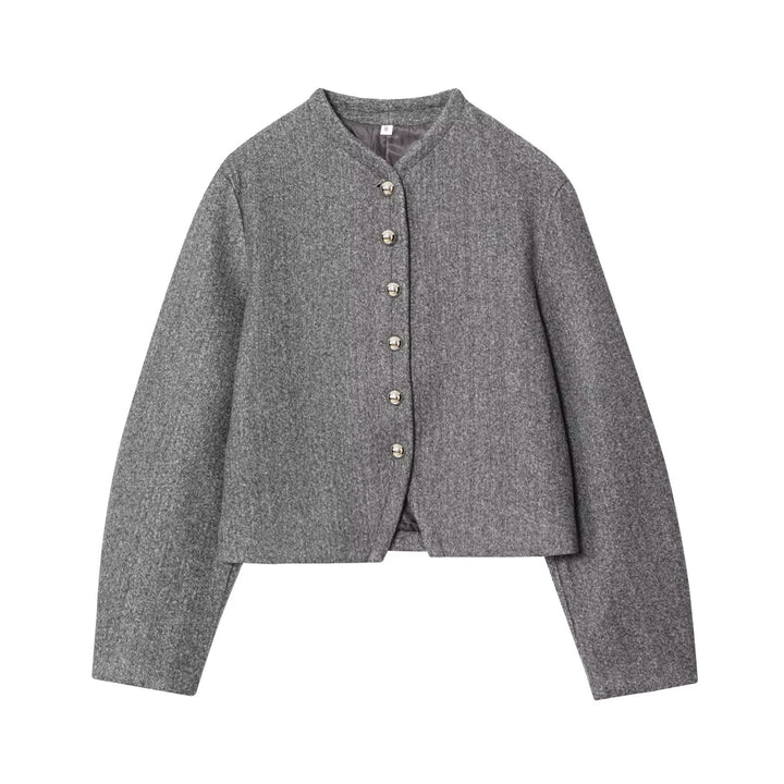 Women's casual cropped wool jacket with stand-up collar, full metal button placket and fine inner lining Mune Fashion