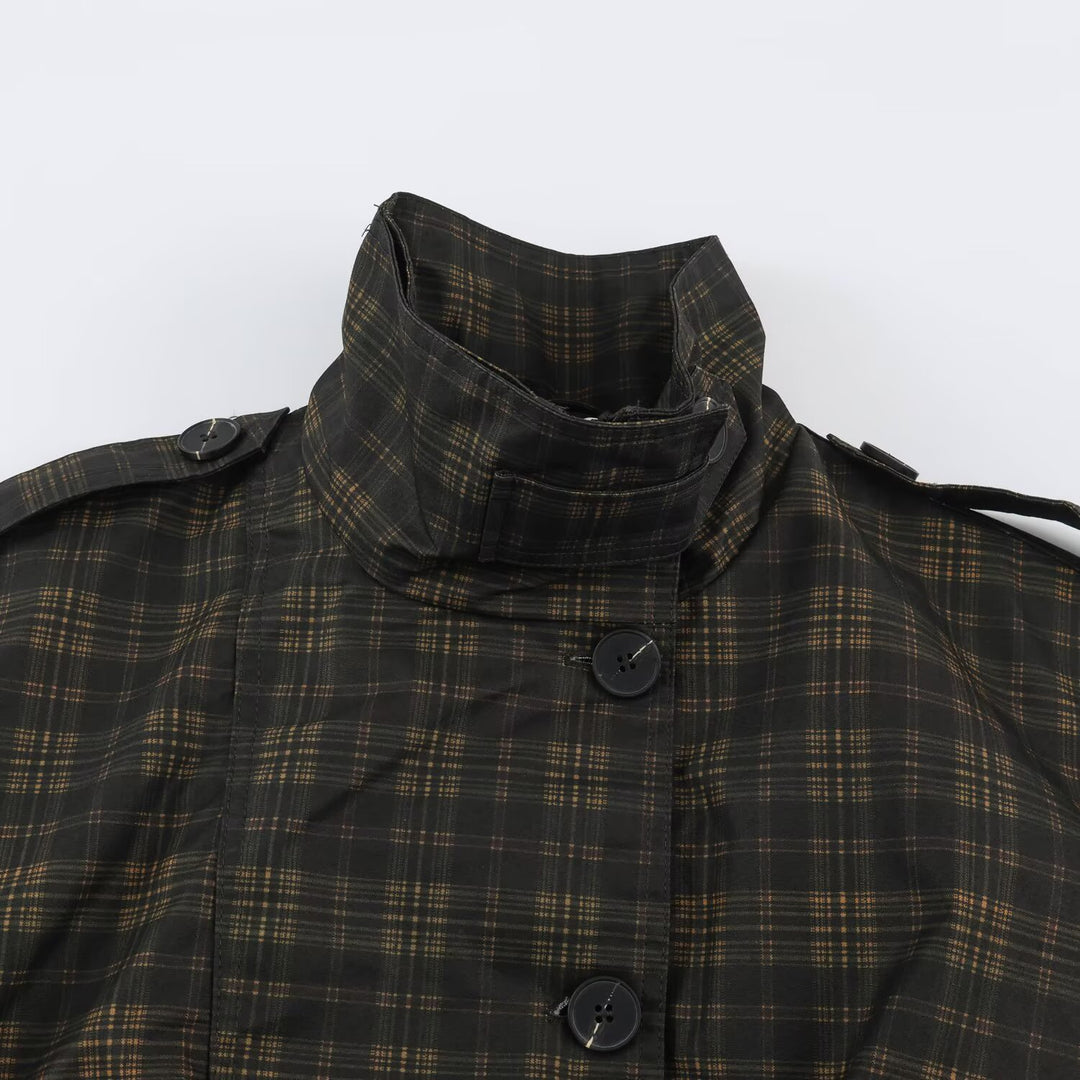 Ladies Checked Cropped Bomber with Wide Balloon Sleeves and High Stand-Up Collar Mune Fashion