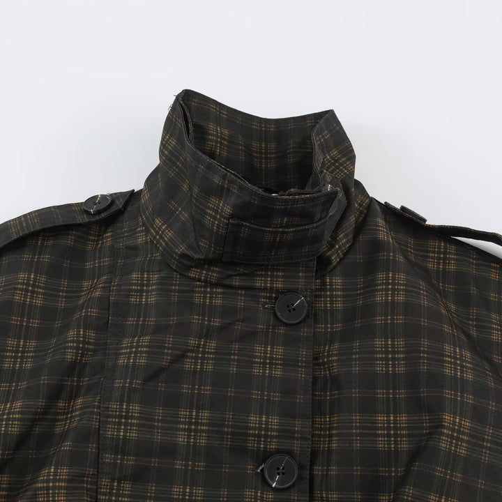 Ladies Checked Cropped Bomber with Wide Balloon Sleeves and High Stand-Up Collar Mune Fashion