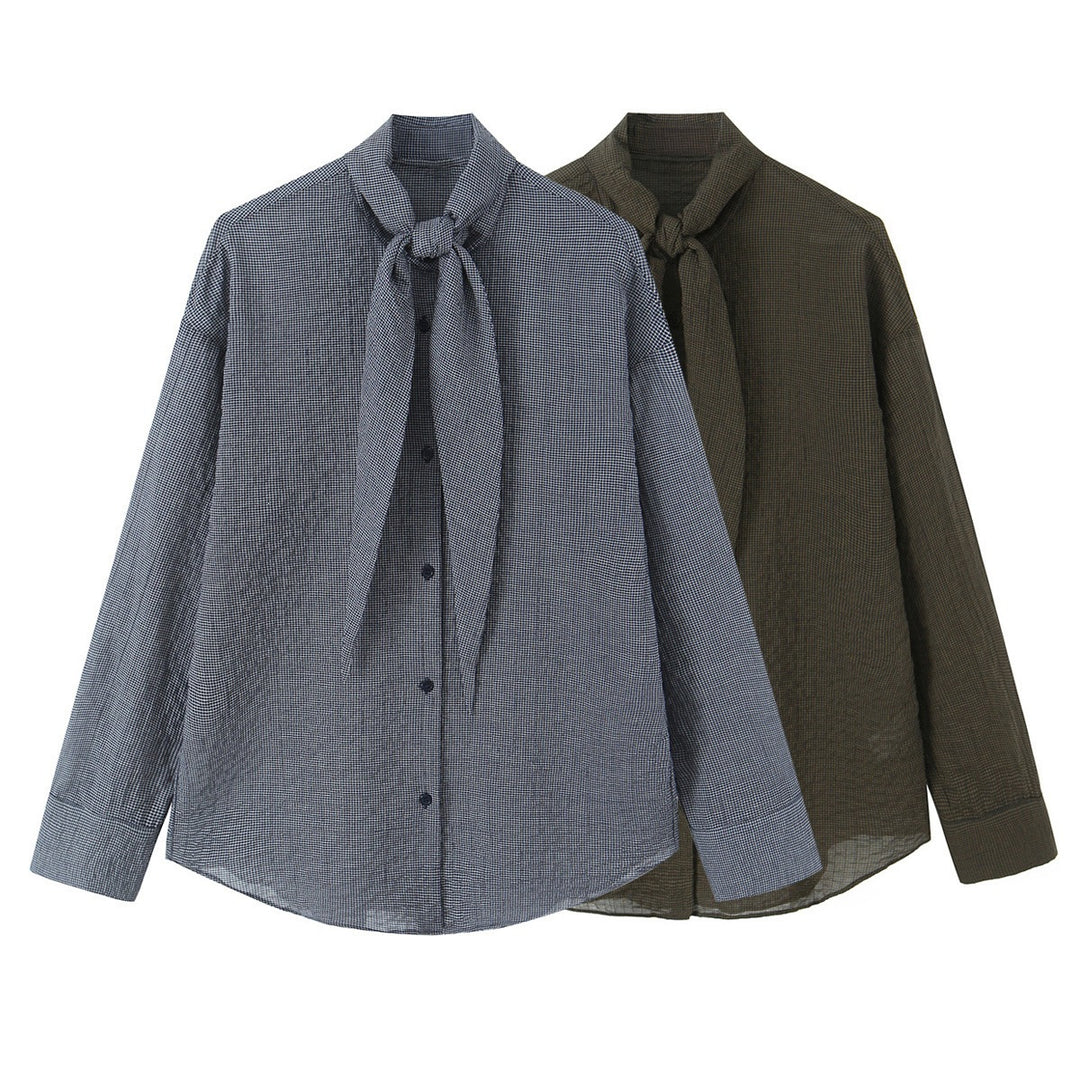 Women's Oversize Blouse with Bow Collar and Fine Vichy Check Mune Fashion