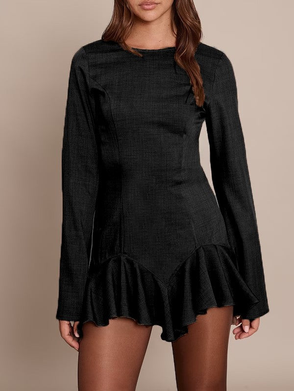 Women's Figure-Hugging Long Sleeve Mini Dress with Tailored Seams and Ruffle Hem