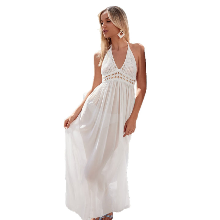 Women's maxi crochet dress with deep V-neckline and airy cut Mune Fashion