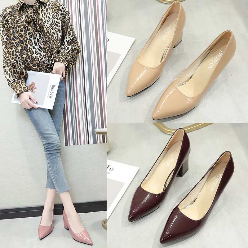 Women Classic Patent Pumps with Pointed Shape and Stable Block Heel Mune Fashion
