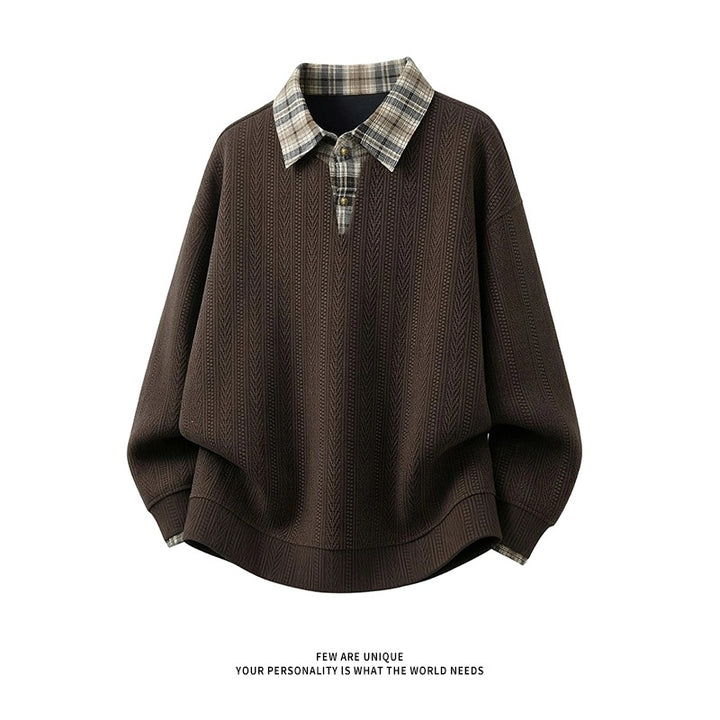 Men's layered look pullover with integrated check shirt collar Mune Fashion