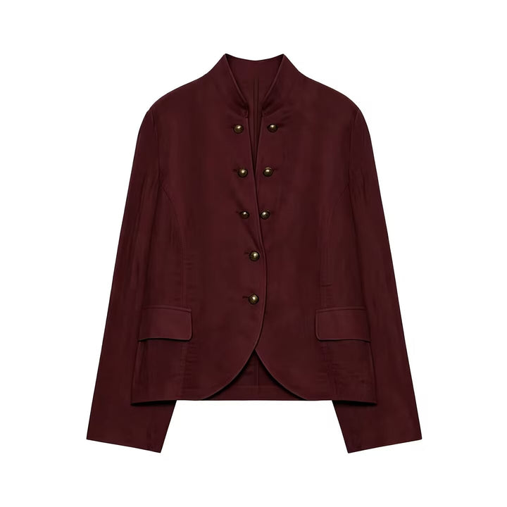Women's short blazer in military style with stand-up collar and decorative metal buttons Mune Fashion