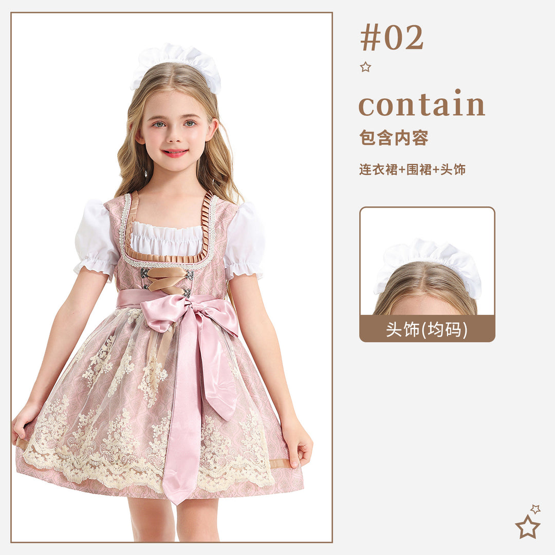 Ladies' festive children's dirndl with lace top, satin apron, and puff sleeves Mune Fashion