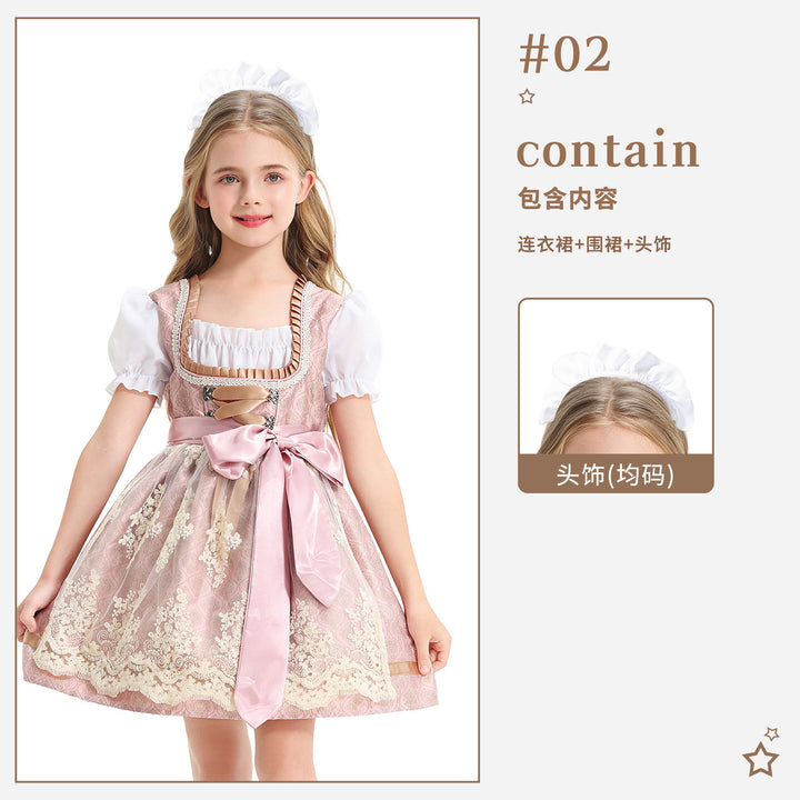Ladies' festive children's dirndl with lace top, satin apron, and puff sleeves Mune Fashion