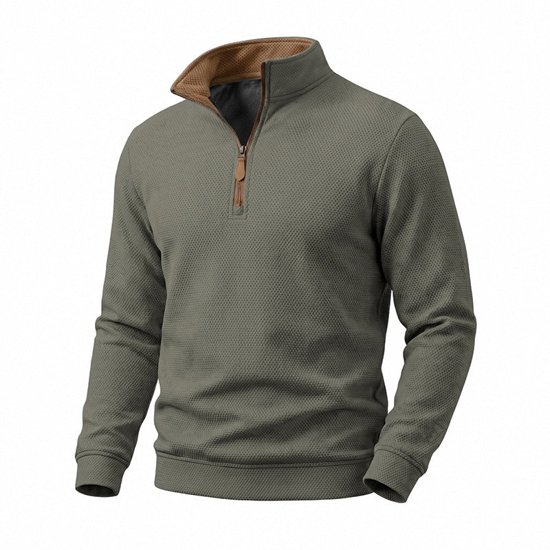 Men's Half-Zip Pullover with Waffle Texture and Contrast Collar Mune Fashion