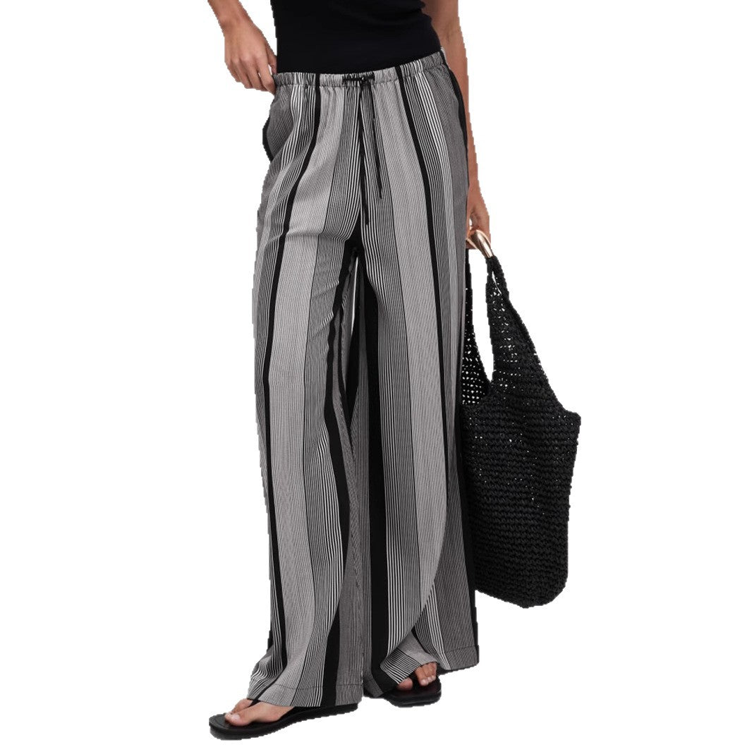 Women's Wide Palazzo Pants with Elastic Waistband, Drawstring and Vertical Stripe Pattern Mune Fashion
