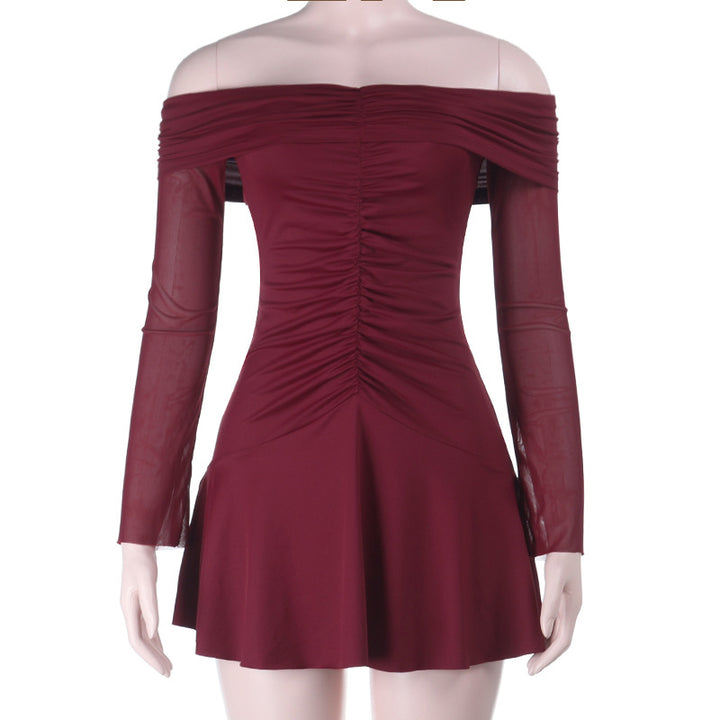 Women's Off-Shoulder Skater Dress with Ruched Front and Transparent Mesh Sleeves Mune Fashion