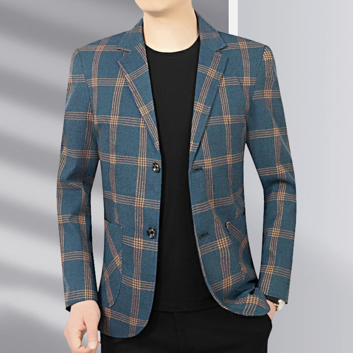 Men's modern checked tailored blazer made from wool blend with contrasting seam details and patch front pockets Mune Fashion