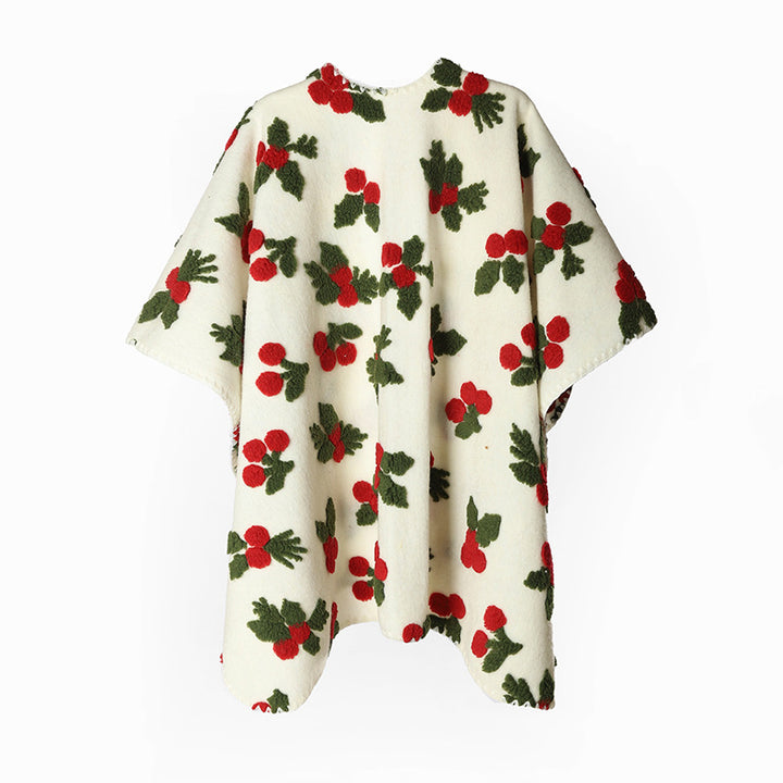 Women's wool look poncho with embossed berry jacquard and open waterfall cut Mune Fashion
