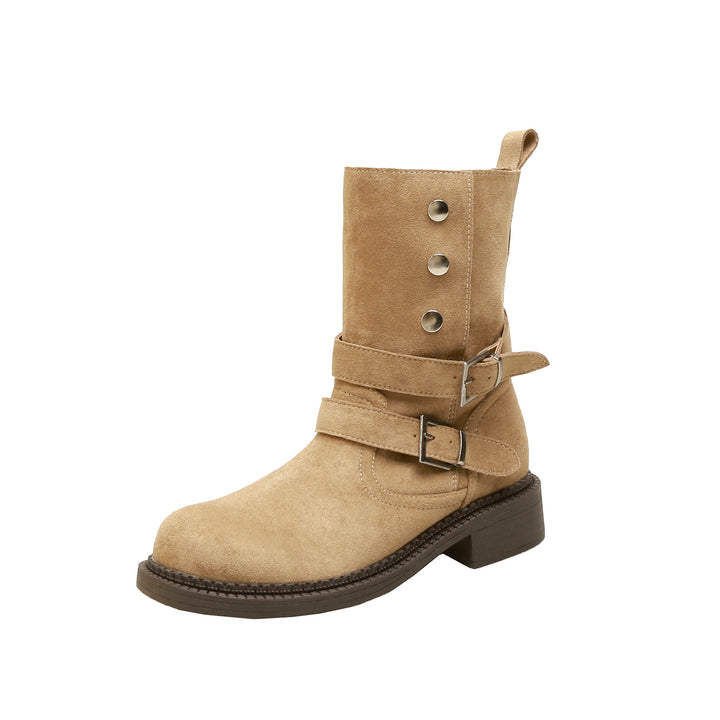 Women's Short Shaft Biker Boot made of Suede with Adjustable Buckles and Distinctive Block Heel Mune Fashion