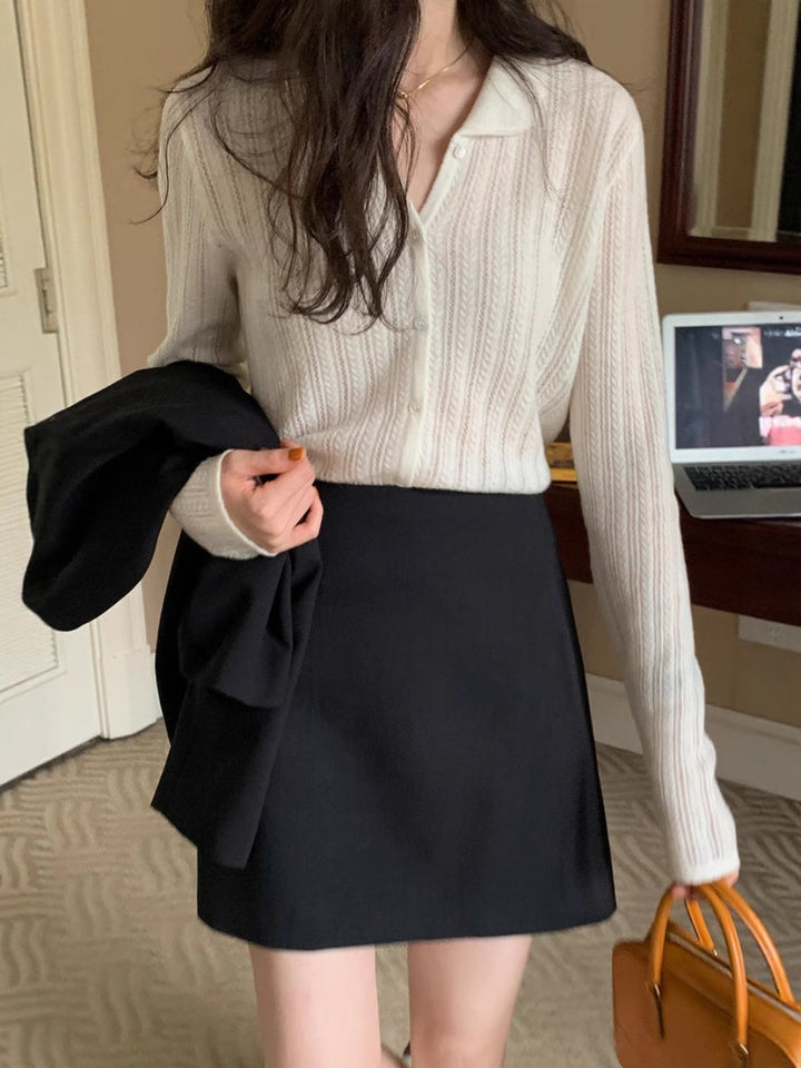 Women's Lightweight Openwork Knit Cardigan with Shirt Collar and Fine Cable Knit Texture Mune Fashion