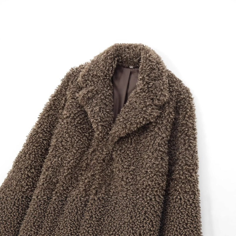 Women's Oversized Faux Fur Teddy Jacket with Shawl Collar and Lined Interior Mune Fashion
