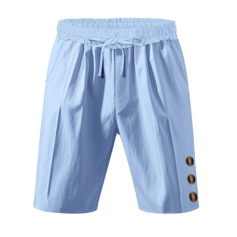 Men's knee-length casual Bermuda shorts with elastic tunnel drawstring waist, side slit pockets, and round decorative appliqués Mune Fashion