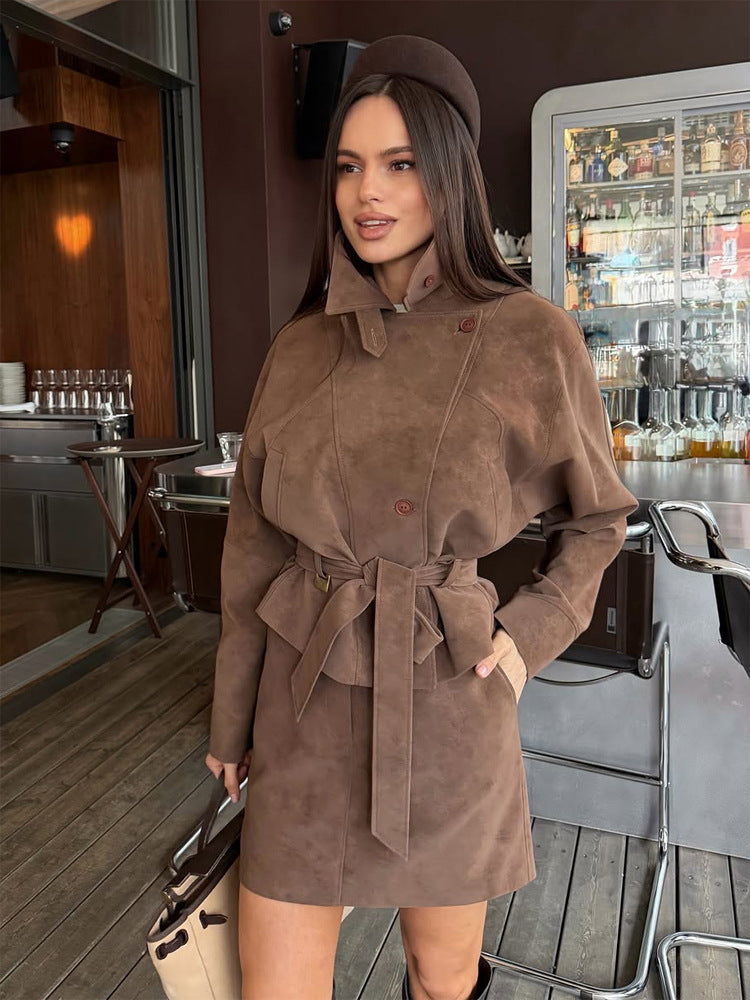 Women's Short Suede Set: Tailored Blouson with Stand Collar & Matching Mini Skirt Mune Fashion