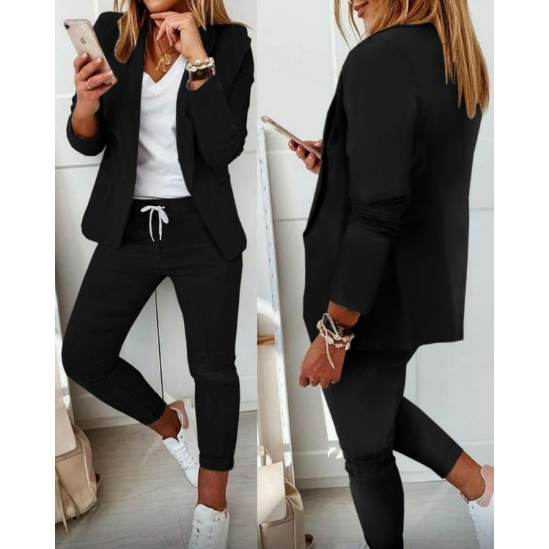 Women's Two-Piece Stretch Jersey Blazer Set with Drawstring Jogging Pants Mune Fashion