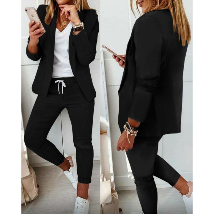 Women's Two-Piece Stretch Jersey Blazer Set with Drawstring Jogging Pants Mune Fashion