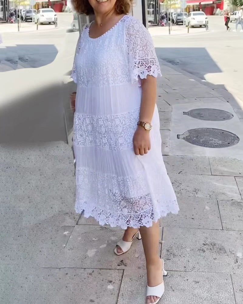 Women's midi dress with lace tiers, pleated inserts and short trumpet sleeves Mune Fashion