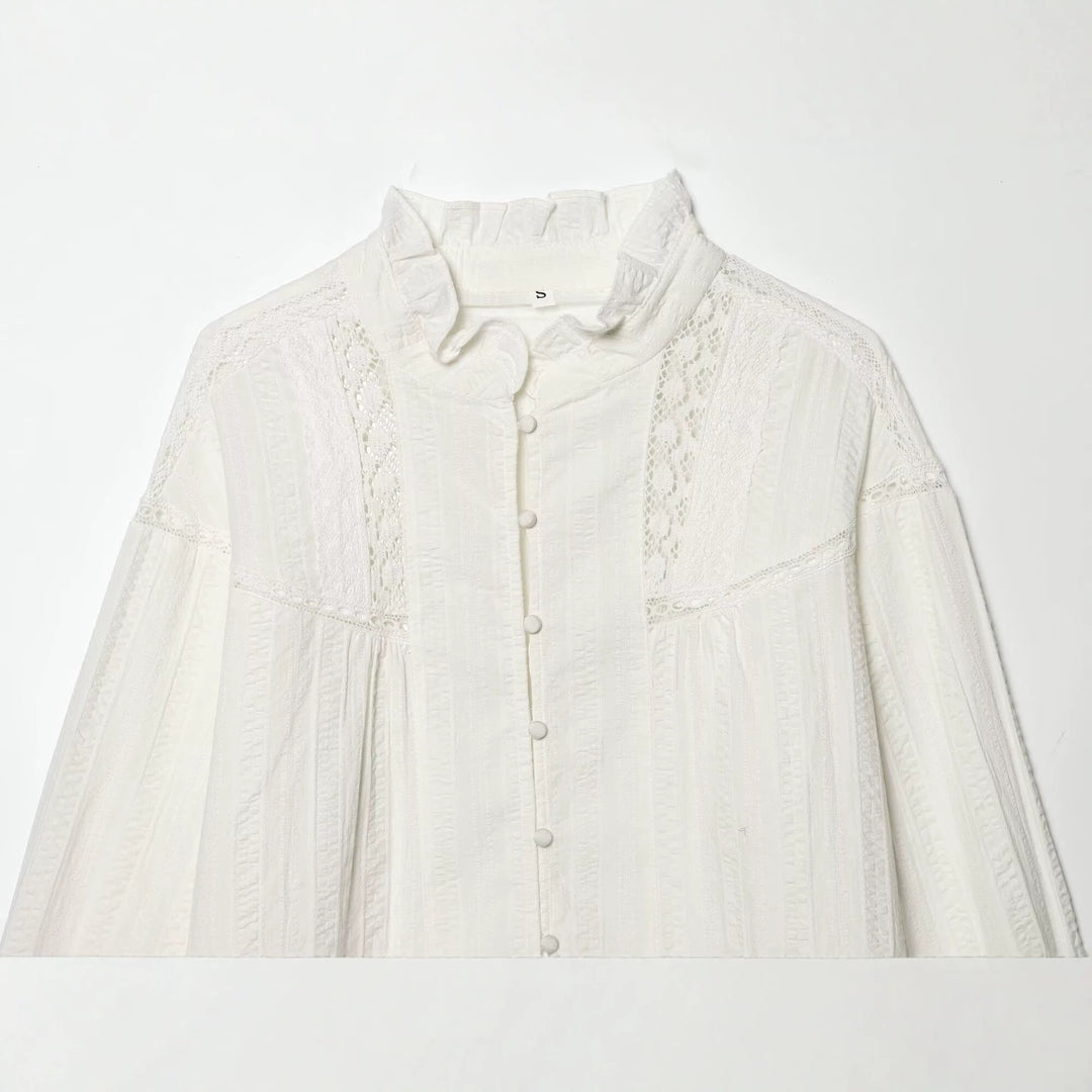 Women's Loose Vintage Blouse with Stand-up Collar, Lace Inserts and Balloon Sleeves Mune Fashion