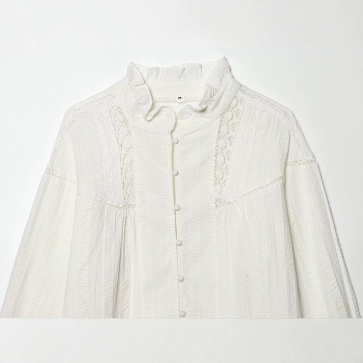 Women's Loose Vintage Blouse with Stand-up Collar, Lace Inserts and Balloon Sleeves Mune Fashion