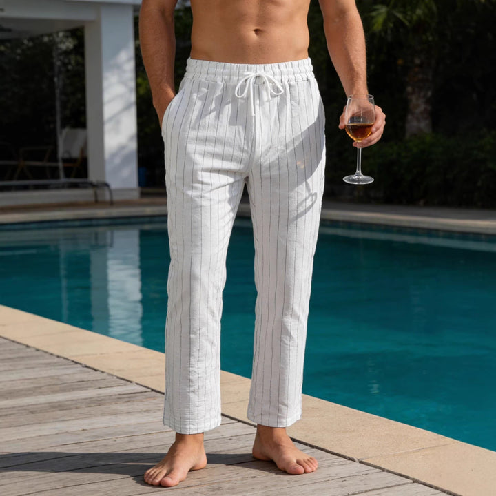 Men's Relaxed Pinstripe Casual Pants with Elastic Waistband and Drawstring Mune Fashion