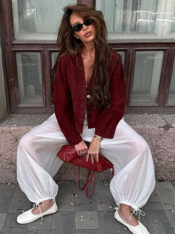 Women short-cut suede jacket with button placket and straight cut Mune Fashion