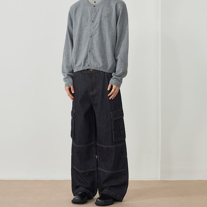 Men's Loose Denim Cargo Palazzo Pants with Panel Seams, Flap Pockets and Raw Finish Mune Fashion