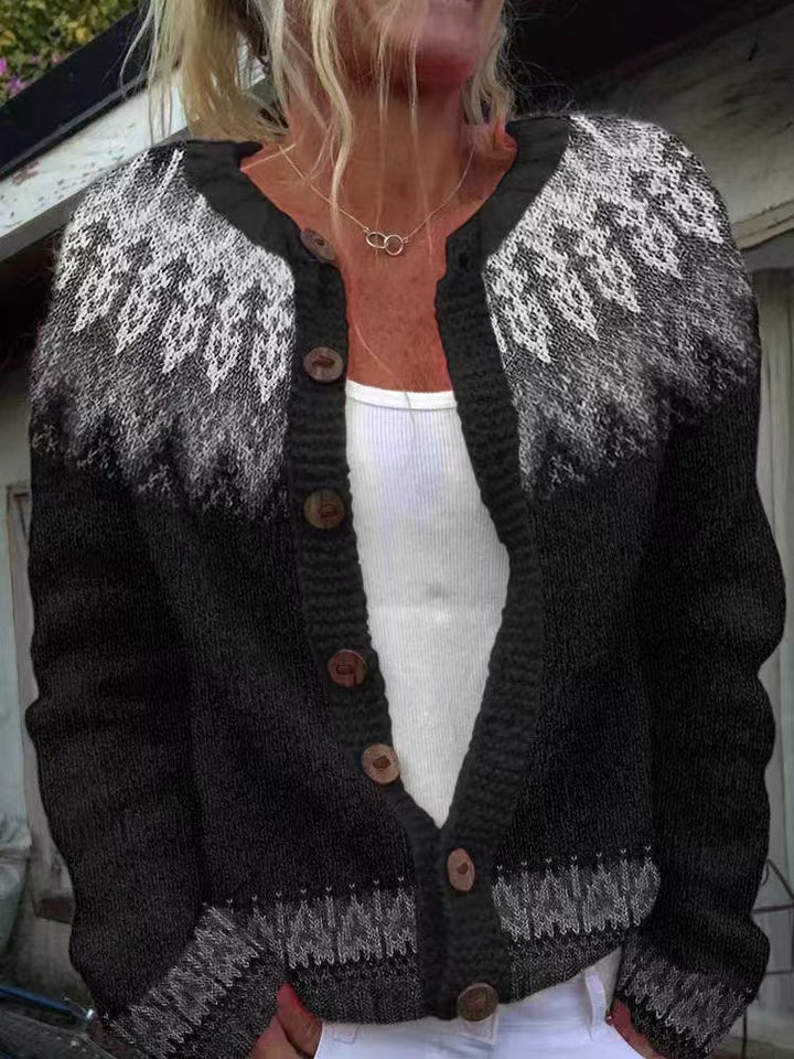Women's patterned cardigan with round yoke, wooden buttons, and welt pockets Mune Fashion